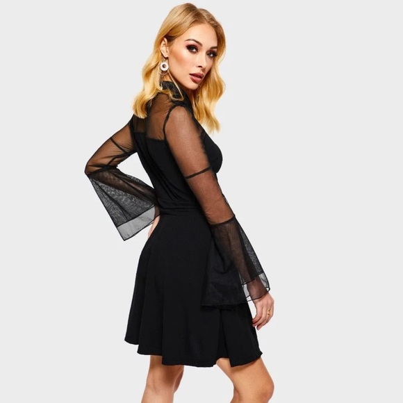 The Gossamer Bat Dress sheer illusion wednesday addams bat collar bell sleeve XL - Picture 6 of 6